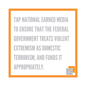 Tap national earned media to ensure that the federal government treats violent extremism, particularly violent antisemitism, as domestic terrorism, and funds it appropriately.
