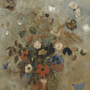 flowers and butterflies in a vase in an impressionistic painting